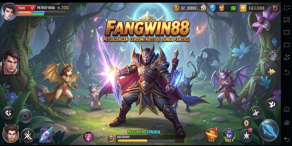 Tampilan gameplay FANGWIN88 dengan karakter berpetualang di hutan.