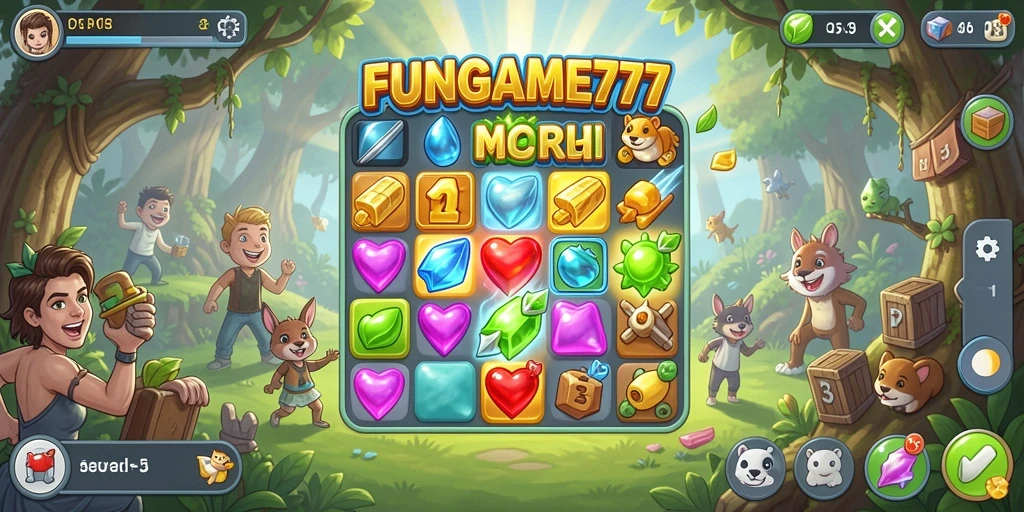 Gameplay FUNGAME777 menampilkan keseruan pencocokan warna di dunia yang berwarna-warni.