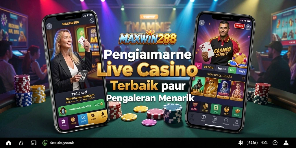 Screenshot MAXWIN288 menampilkan dealer live kasino yang berinteraksi dengan pemain.