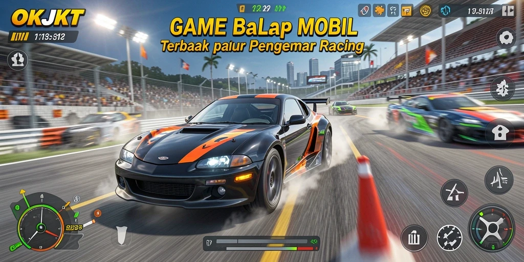 Screenshot permainan OKJKT yang menampilkan mobil balap di trek.