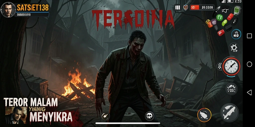 Screenshot SATSET138 menampilkan karakter dalam momen menegangkan di lingkungan yang gelap.